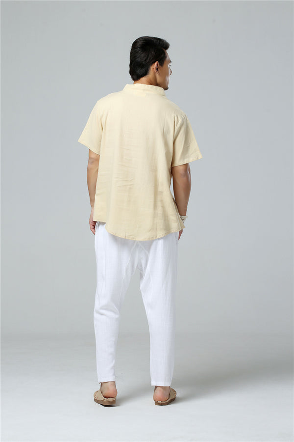 Men Simple Hanfu Style Short Sleeve Linen and Cotton T-shirt Tops