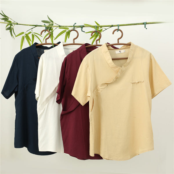 Men Simple Hanfu Style Short Sleeve Linen and Cotton T-shirt Tops