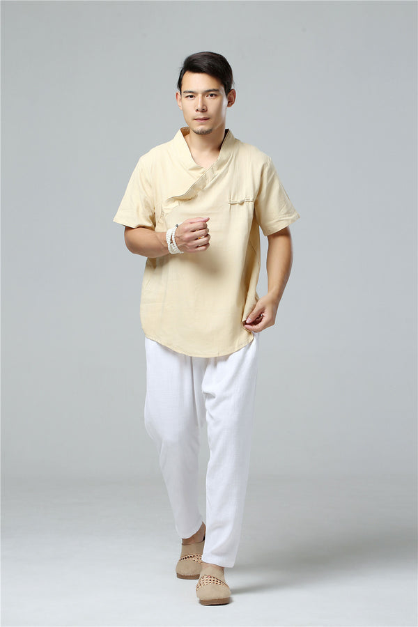 Men Simple Hanfu Style Short Sleeve Linen and Cotton T-shirt Tops