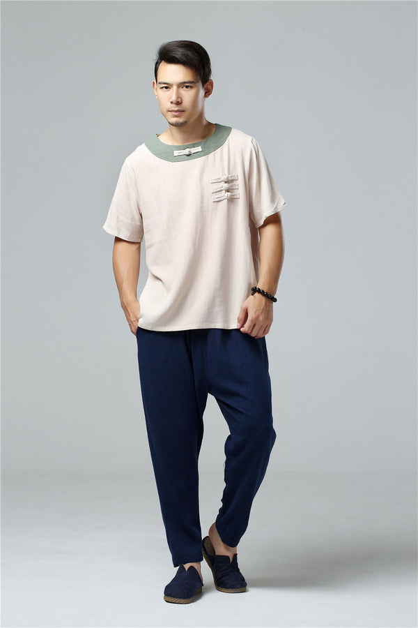 Men Asian Retro Style Round Neck Linen and Cotton Short Sleeve Tops