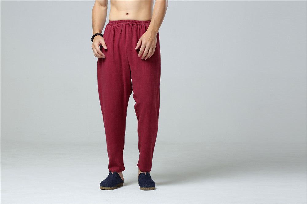 Men Casual Pure Color Cotton and Linen Straight Type Cropped Pants