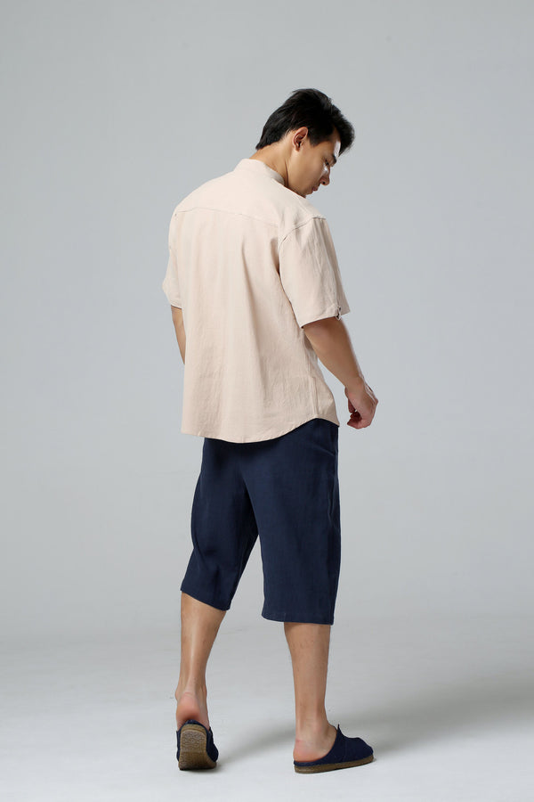 Men Causal Short Sleeved Linen and Cotton T-shirt Top