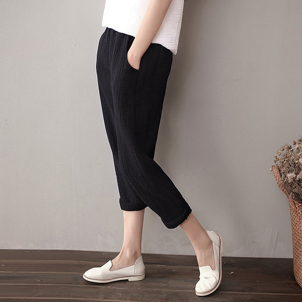 Women Simple Casual Linen and Cotton Cropped Pants