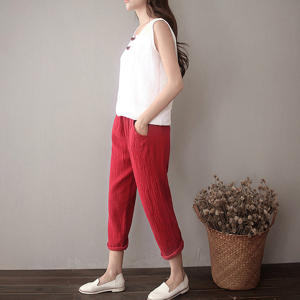 Women Simple Casual Linen and Cotton Cropped Pants