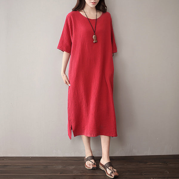 Women Pure Color Artistic Loose Middle Sleeve Dress