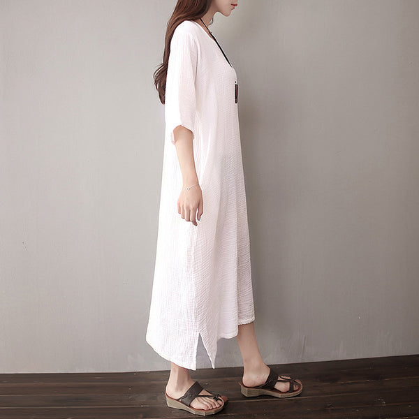 Women Pure Color Artistic Loose Middle Sleeve Dress