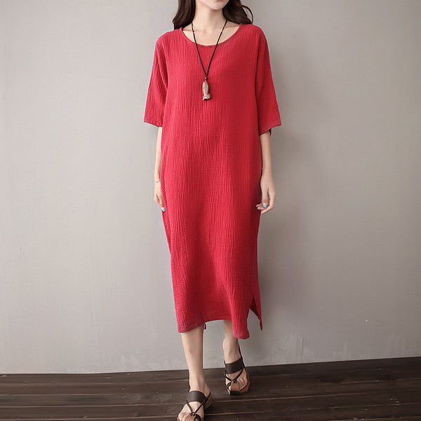 Women Pure Color Artistic Loose Middle Sleeve Dress