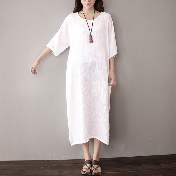 Women Pure Color Artistic Loose Middle Sleeve Dress