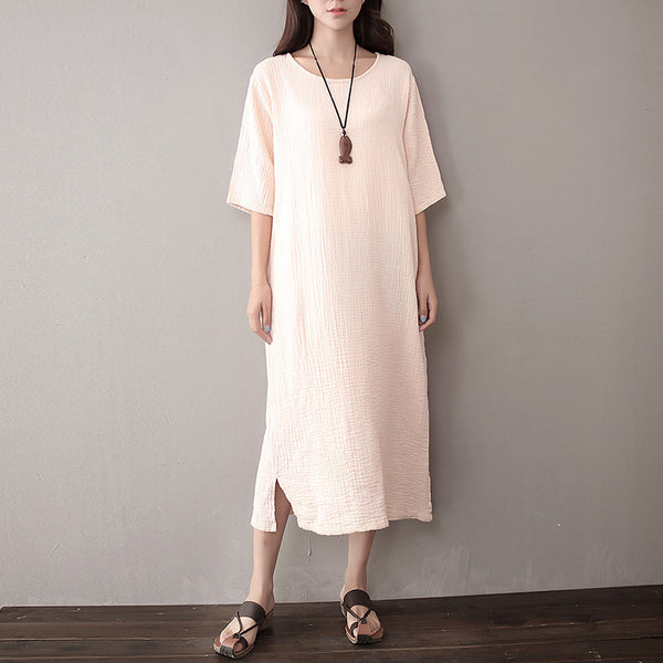 Women Pure Color Artistic Loose Middle Sleeve Dress