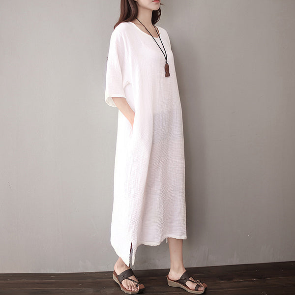 Women Pure Color Artistic Loose Middle Sleeve Dress