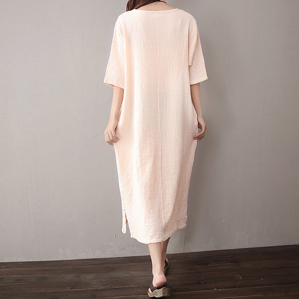 Women Pure Color Artistic Loose Middle Sleeve Dress