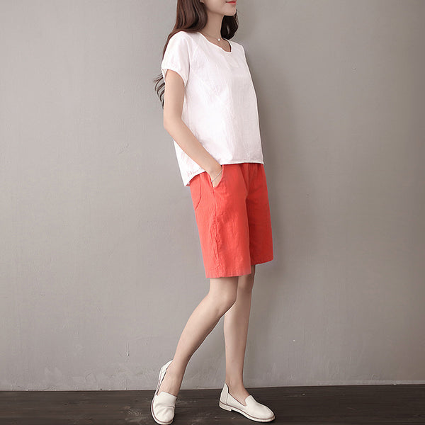 Simple Short Sleeved Women Cotton and Linen T-shirt