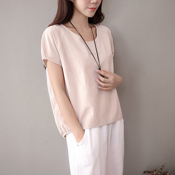 Simple Short Sleeved Women Cotton and Linen T-shirt