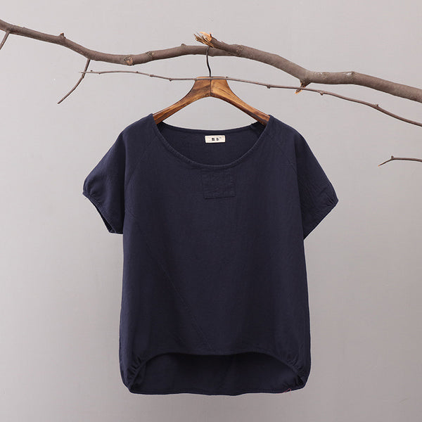 Simple Short Sleeved Women Cotton and Linen T-shirt
