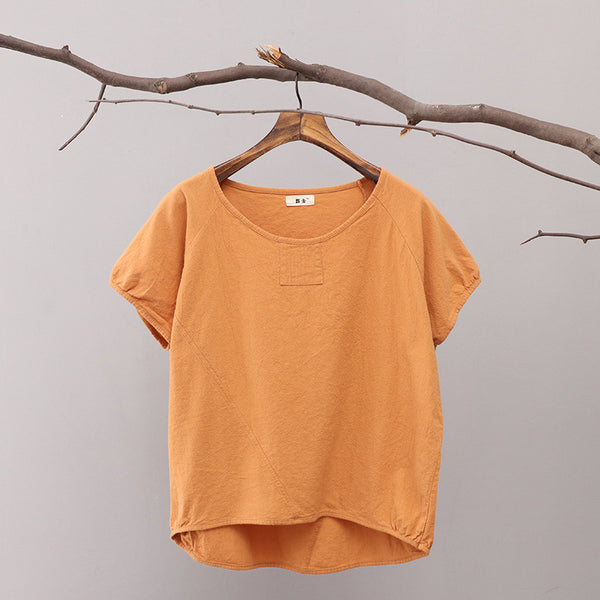 Simple Short Sleeved Women Cotton and Linen T-shirt