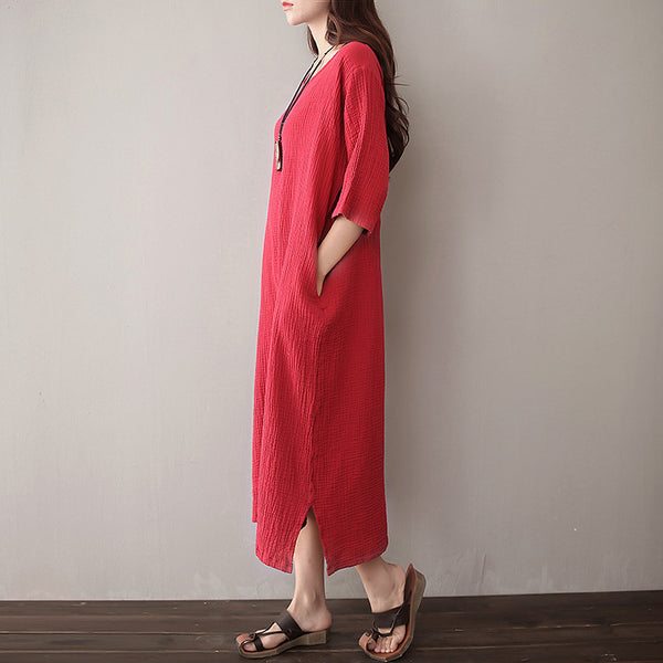 Women Pure Color Artistic Loose Middle Sleeve Dress