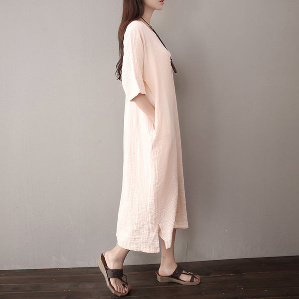 Women Pure Color Artistic Loose Middle Sleeve Dress