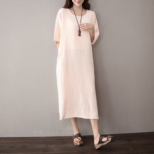 Women Pure Color Artistic Loose Middle Sleeve Dress