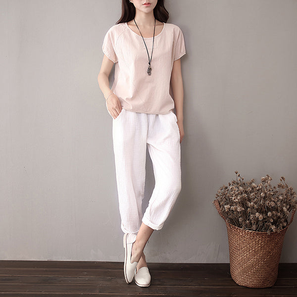 Simple Short Sleeved Women Cotton and Linen T-shirt
