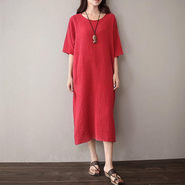 Women Pure Color Artistic Loose Middle Sleeve Dress