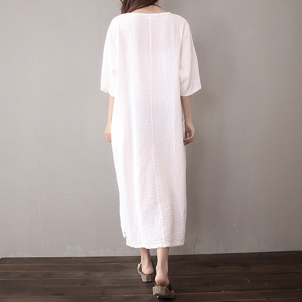 Women Pure Color Artistic Loose Middle Sleeve Dress