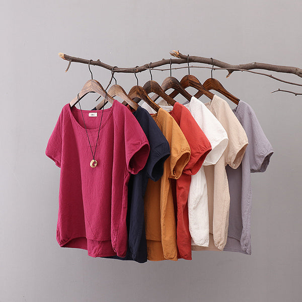 Simple Short Sleeved Women Cotton and Linen T-shirt