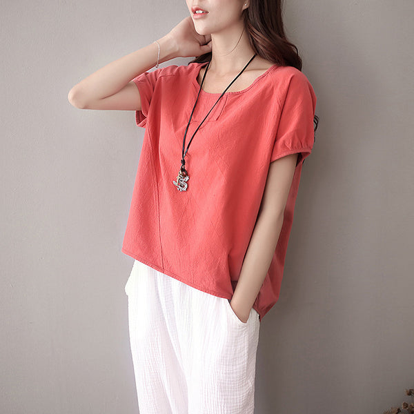 Simple Short Sleeved Women Cotton and Linen T-shirt