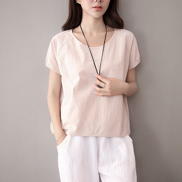 Simple Short Sleeved Women Cotton and Linen T-shirt