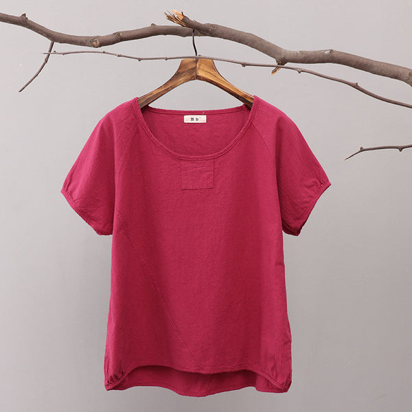 Simple Short Sleeved Women Cotton and Linen T-shirt