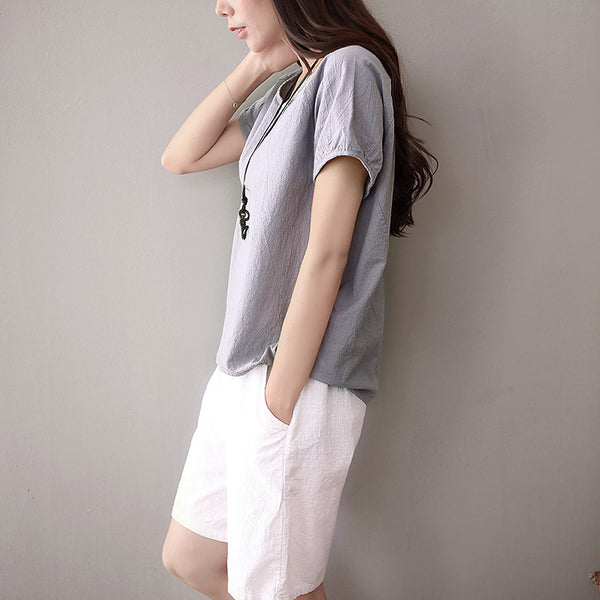 Simple Short Sleeved Women Cotton and Linen T-shirt