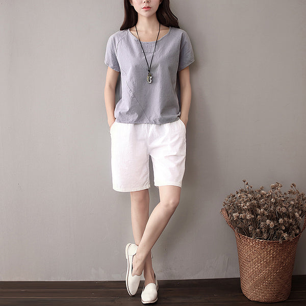 Simple Short Sleeved Women Cotton and Linen T-shirt