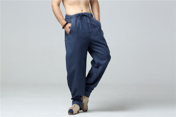 Men Casual Pure Color Cotton and Linen Straight Type Buckle Leggings Pants