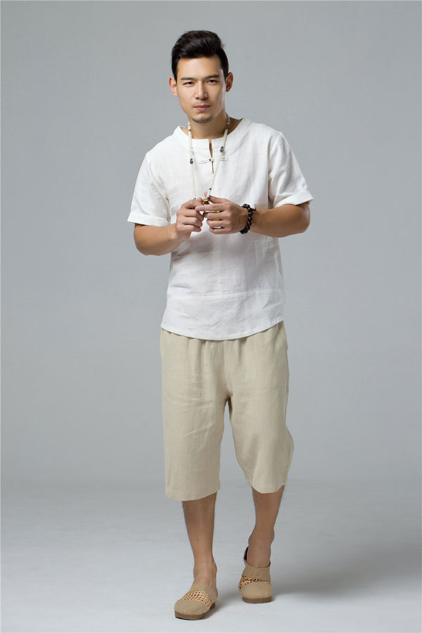 Men Round Neck Causal Style Linen and Cotton Short Sleeve Tops