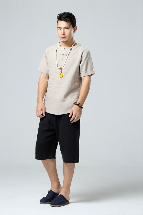 Men Round Neck Causal Style Linen and Cotton Short Sleeve Tops