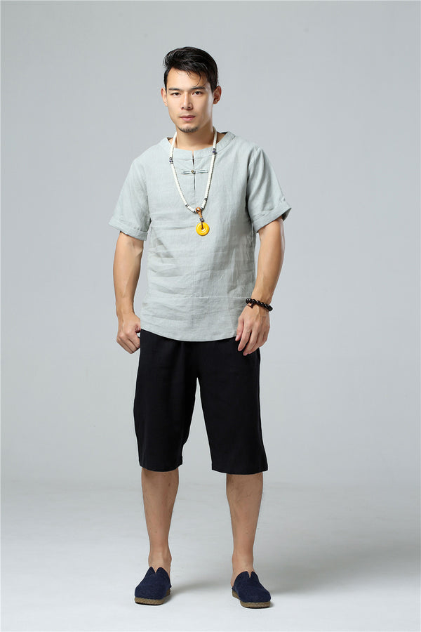 Men Round Neck Causal Style Linen and Cotton Short Sleeve Tops