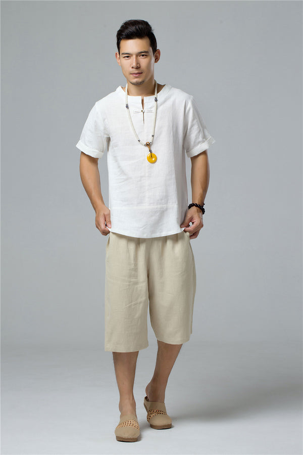 Men Round Neck Causal Style Linen and Cotton Short Sleeve Tops