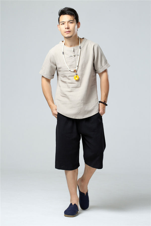 Men Round Neck Causal Style Linen and Cotton Short Sleeve Tops