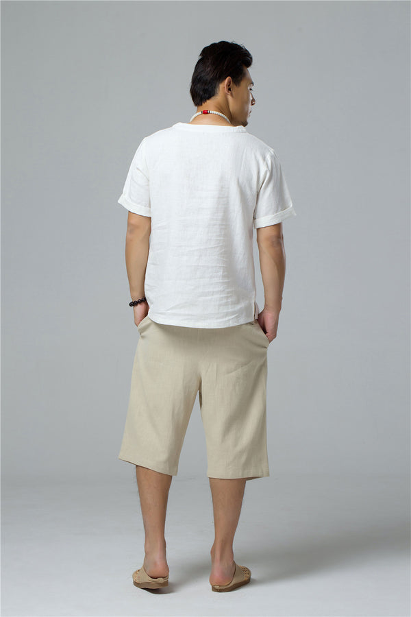 Men Round Neck Causal Style Linen and Cotton Short Sleeve Tops