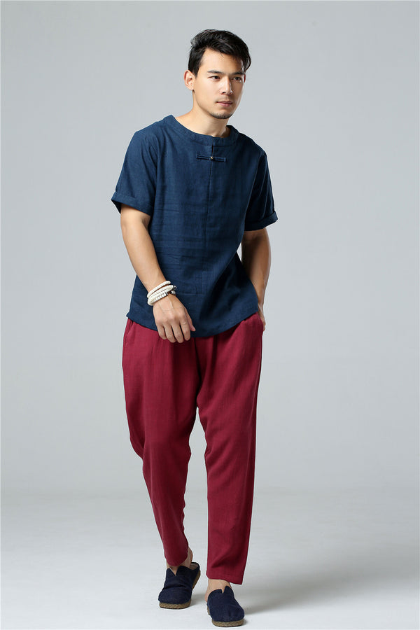 Men Round Neck Causal Style Linen and Cotton Short Sleeve Tops