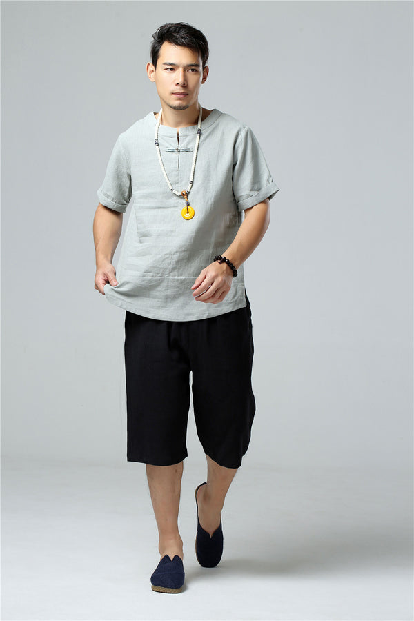 Men Round Neck Causal Style Linen and Cotton Short Sleeve Tops