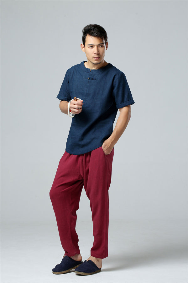 Men Round Neck Causal Style Linen and Cotton Short Sleeve Tops