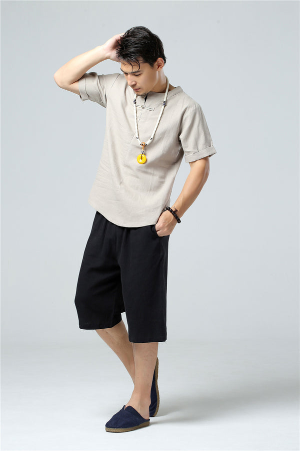 Men Round Neck Causal Style Linen and Cotton Short Sleeve Tops