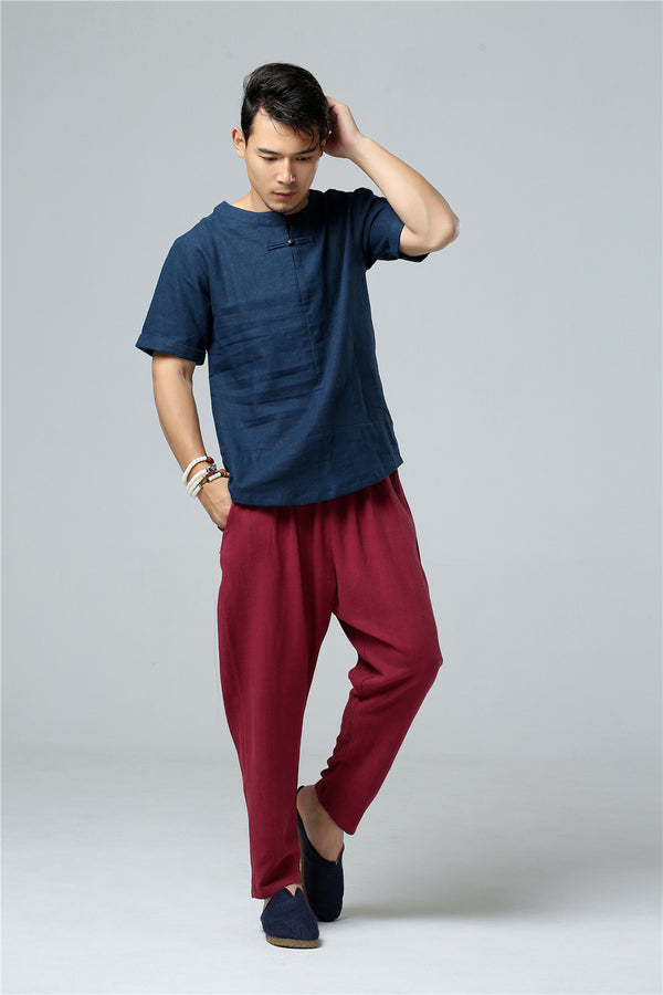 Men Round Neck Causal Style Linen and Cotton Short Sleeve Tops