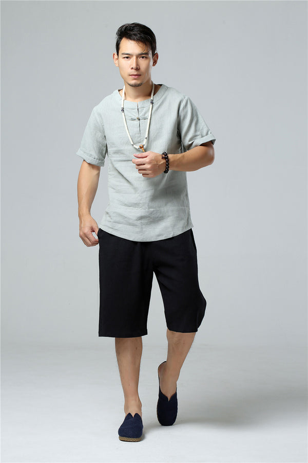 Men Round Neck Causal Style Linen and Cotton Short Sleeve Tops