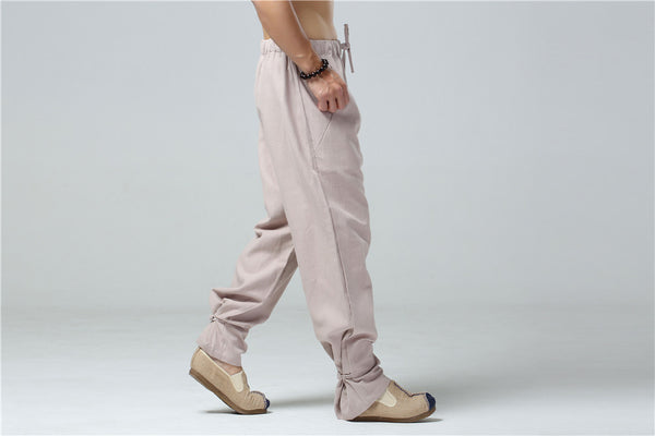 Men Casual Pure Color Cotton and Linen Straight Type Buckle Leggings Pants