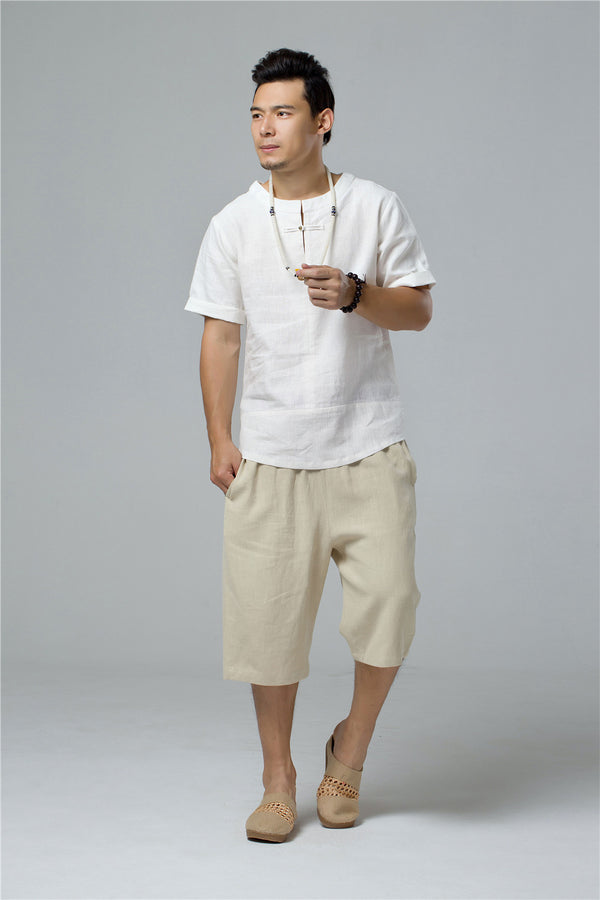 Men Round Neck Causal Style Linen and Cotton Short Sleeve Tops