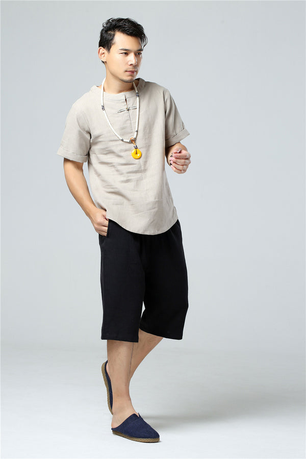 Men Round Neck Causal Style Linen and Cotton Short Sleeve Tops