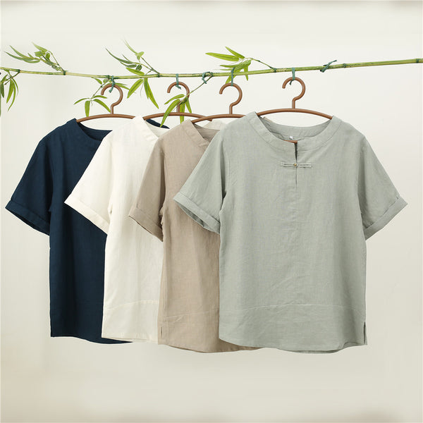 Men Round Neck Causal Style Linen and Cotton Short Sleeve Tops