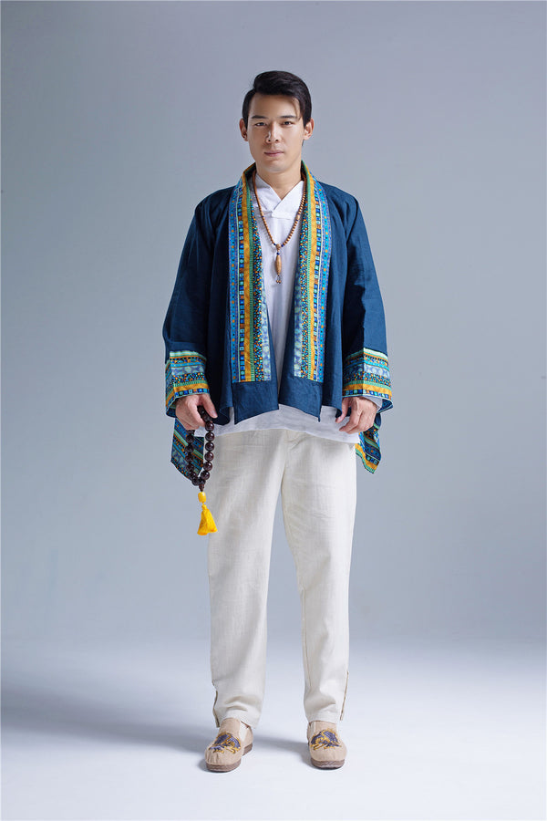 Men Retro Chinese Folk Style Linen and Cotton Poncho