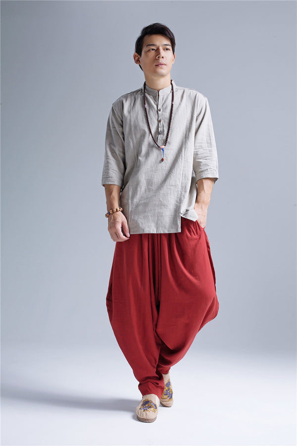Men New Style Loose Pure Color Linen Hanging Crotch Pants